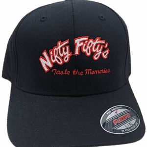 A black baseball cap with Nifty Fifty’s embroidered in red and white, and Taste the Memories written below in red script. A Flexfit sticker is on the bill.