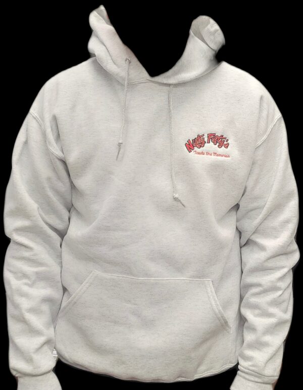 A light gray hooded sweatshirt with a front pocket and a small red and orange logo reading “Nifty Fifty’s” and “Taste the Memories” on the left chest. The face and background are blacked out.
