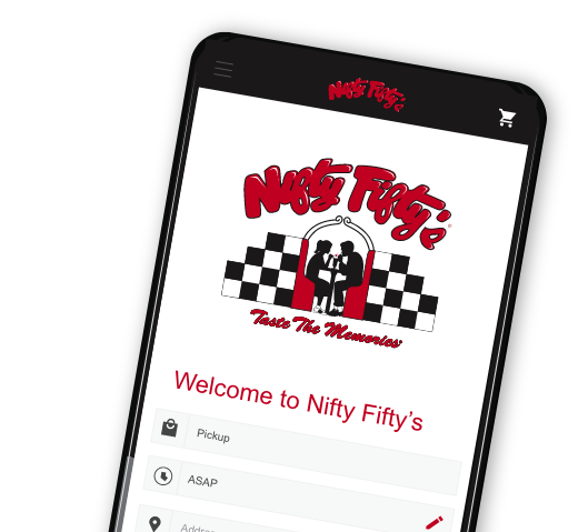 A smartphone screen displays the Nifty Fifty’s restaurant app, featuring a red and black logo with a couple, checkered pattern, and the slogan Taste The Memories. The screen shows ordering options.