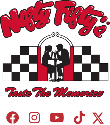 Logo for Nifty Fiftys featuring two people sharing a milkshake at a booth, checkered black and white patterns, the slogan Taste The Memories, and icons for social media platforms below.