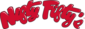 The image shows the Nifty Fiftys logo in bold, cursive red lettering with a slight shadow effect, set against a transparent background.