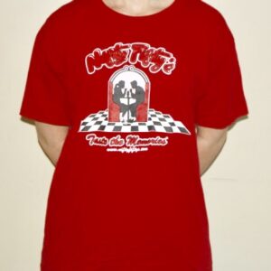 A person wearing a red T-shirt featuring a jukebox with a dancing couple, black-and-white checkered floor, and the text “Malt Ridge” and “Twist the Moments” printed on the front.