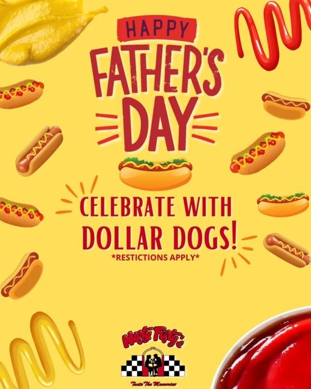 We're celebrating Dad with DOLLAR DOGS! 🌭
Forget the ties and toolsets this Father's Day—treat Dad to what he really wants: dollar dogs! While you won't find them at the ballpark this Father's Day, you can score dollar hot dogs at any Nifty Fifty's location!

*Available Sunday, June 15th only
Toppings Extra 
Available at all locations 
Limited Quantity for takeout 
Not available for 3rd party delivery *
