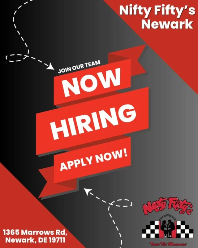 We’re hiring at Nifty Fifty’s Newark! 🍔 Looking for friendly, energetic people to join the team. Apply now and come be part of the fun. 
📍1365 Marrows Rd, Newark, DE 📝 

Apply here: https://nf-restaurant-franchise-llc.careerplug.com/jobs or text 843607.

Tag a friend who needs to see this! 👀

 #NiftyFiftys #NowHiring #JoinOurTeam #NewarkDE #UniversityofDelaware