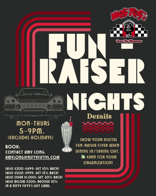 Nifty Fifty's Fun-raiser Nights are a GREAT way to earn money 💰 for your organization or school! 
Email Amylong@niftyfiftys.com to book today!
