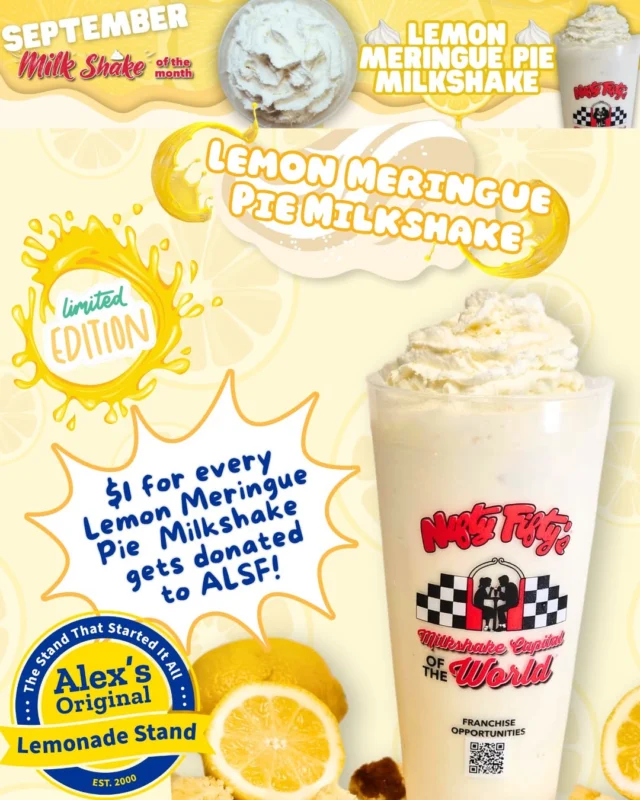 Join us as we celebrate 12 years of supporting Alex's Lemonade Stand Foundation, with over $70,000 raised so far! This year, we're adding another way for you to make a difference. Try our 'Shake of the Month' for September—Lemon Meringue Pie! 🍋 
You can donate in multiple ways- by purchasing a $1 Lemon Cutout, enjoying a Fresh Squeezed Lemonade or our Lemon Meringue Pie Shake! 
Thanks for your sweet support! 🍋